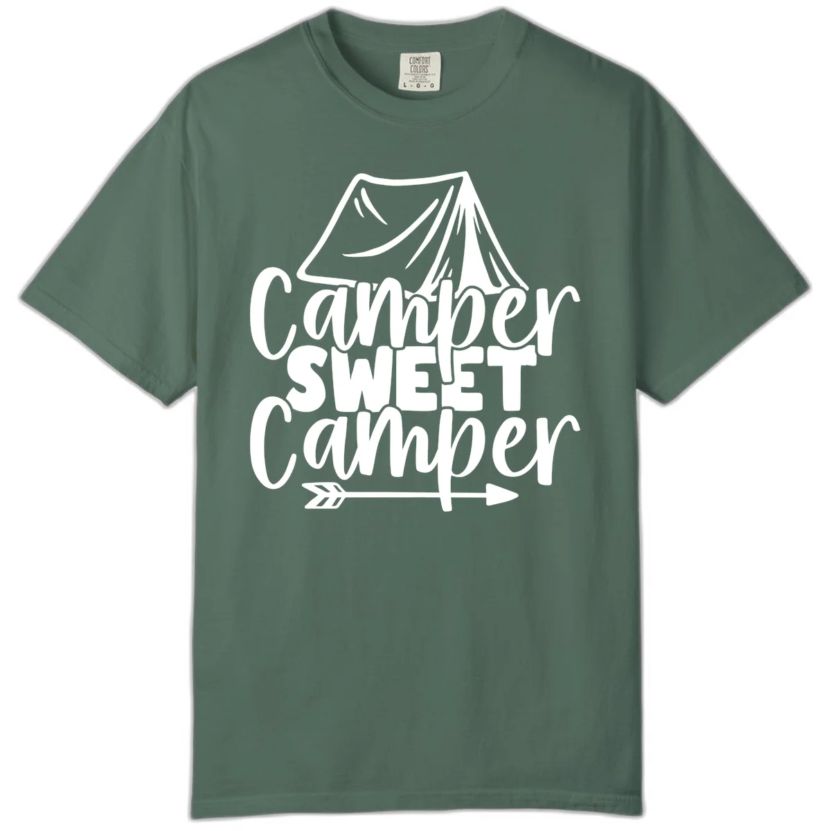 Camper Sweet Camper design with tent illustration and playful camping text in Blue Spruce