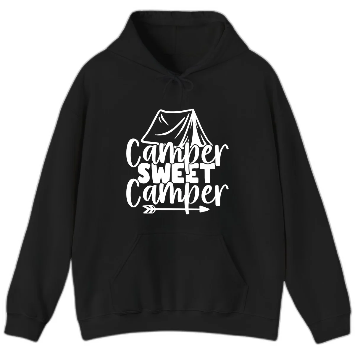 Camper Sweet Camper design with tent illustration and playful camping text in Black