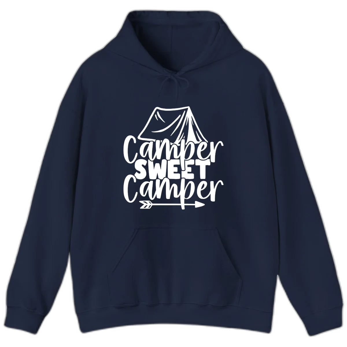 Camper Sweet Camper design with tent illustration and playful camping text in Navy