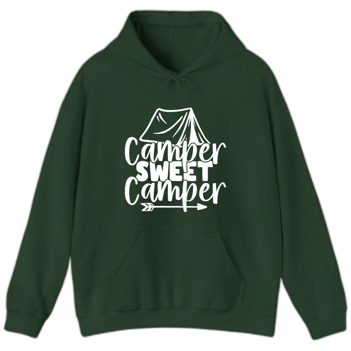 Camper Sweet Camper design with tent illustration and playful camping text in Forest Green
