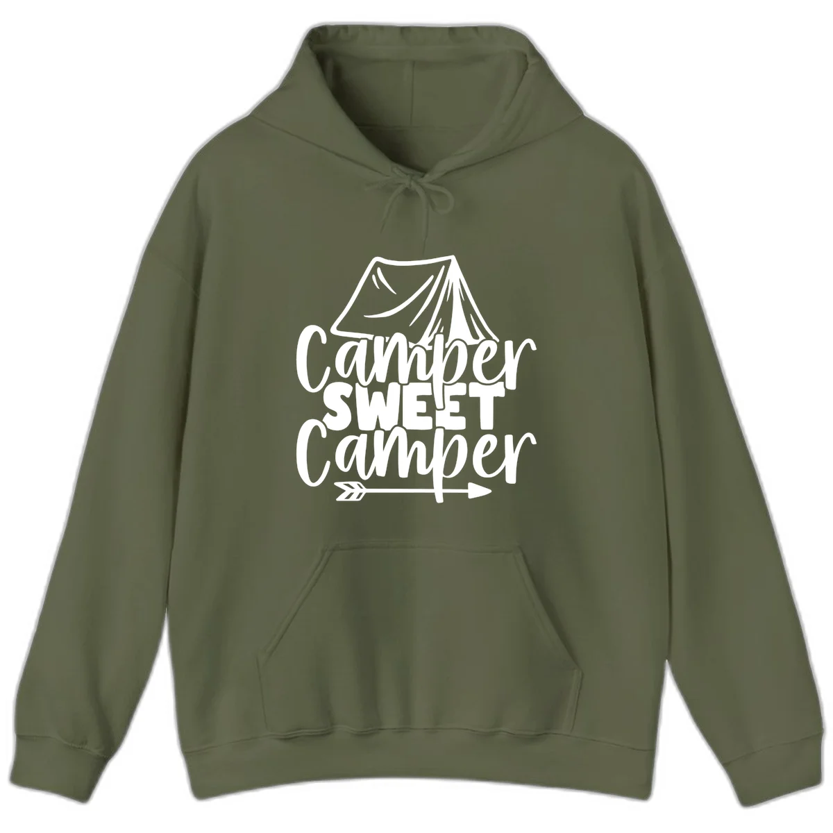 Camper Sweet Camper design with tent illustration and playful camping text in Military Green