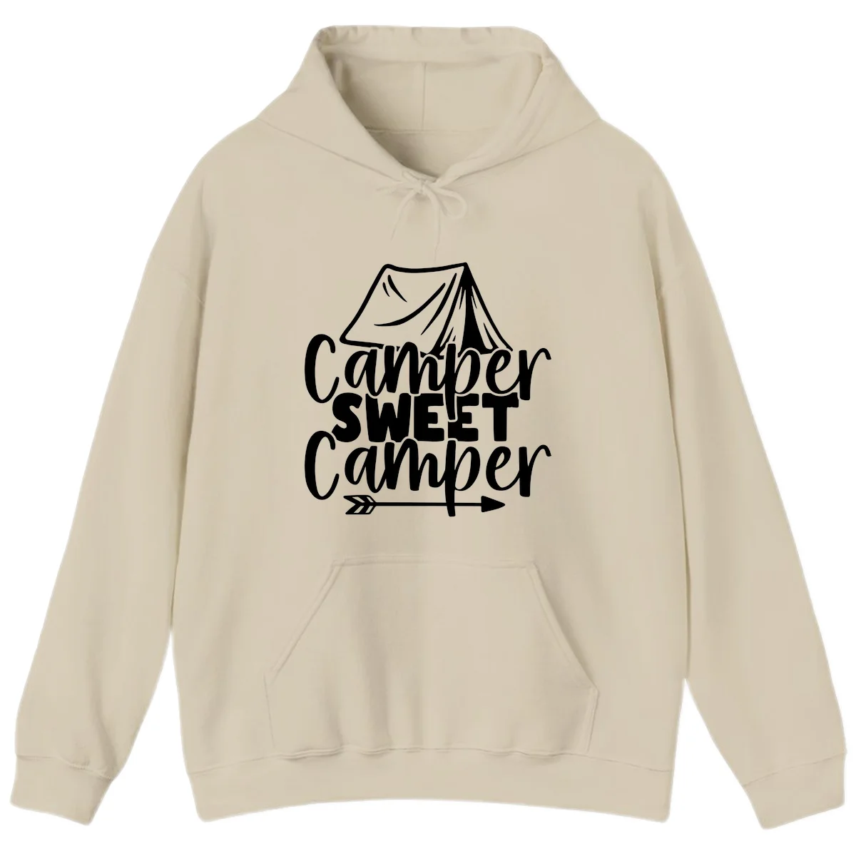 Camper Sweet Camper design with tent illustration and playful camping text in Sand