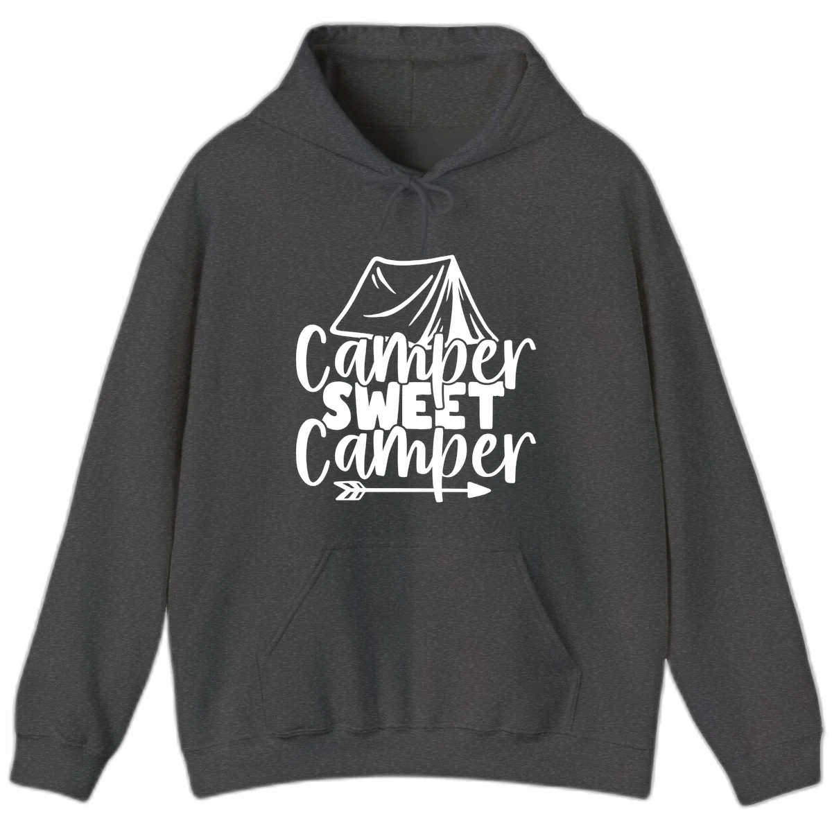 Camper Sweet Camper design with tent illustration and playful camping text in Dark Heather