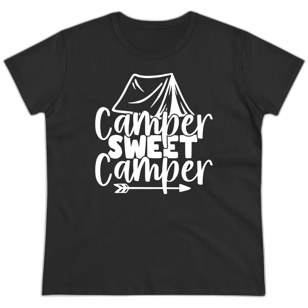Camper Sweet Camper design with tent illustration and playful camping text in Black