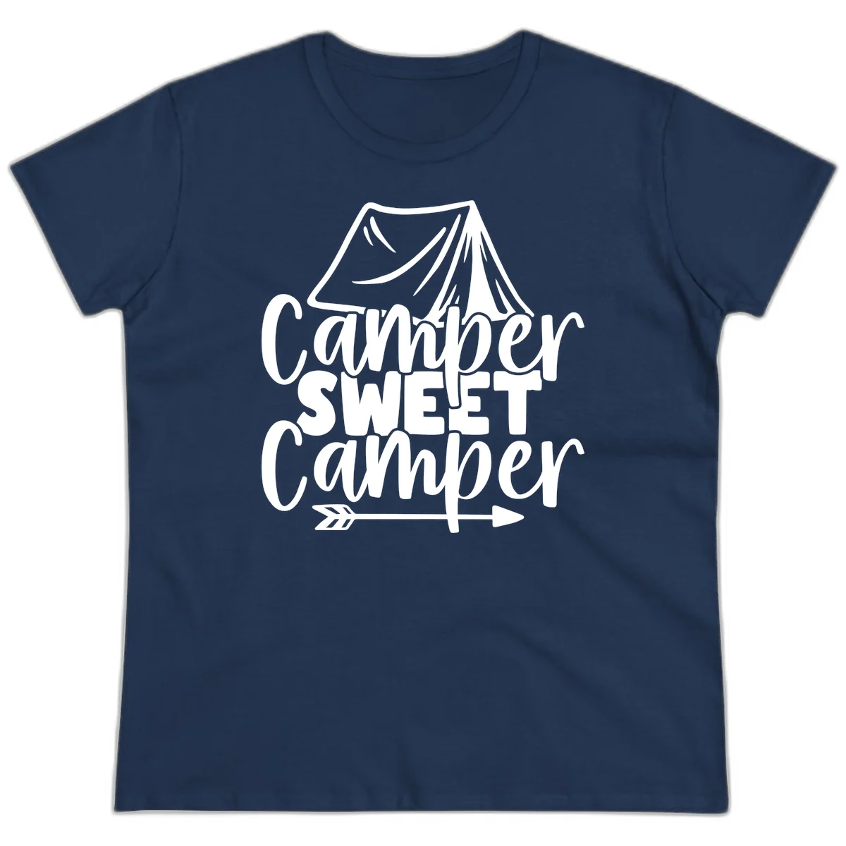 Camper Sweet Camper design with tent illustration and playful camping text in Navy