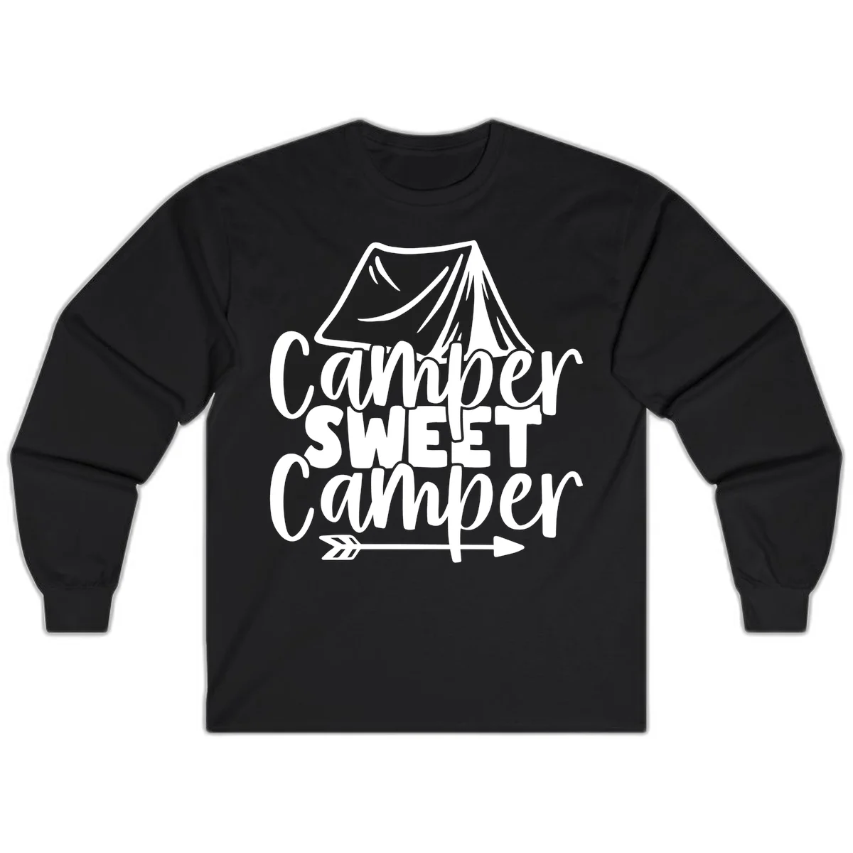 Camper Sweet Camper design with tent illustration and playful camping text in Black