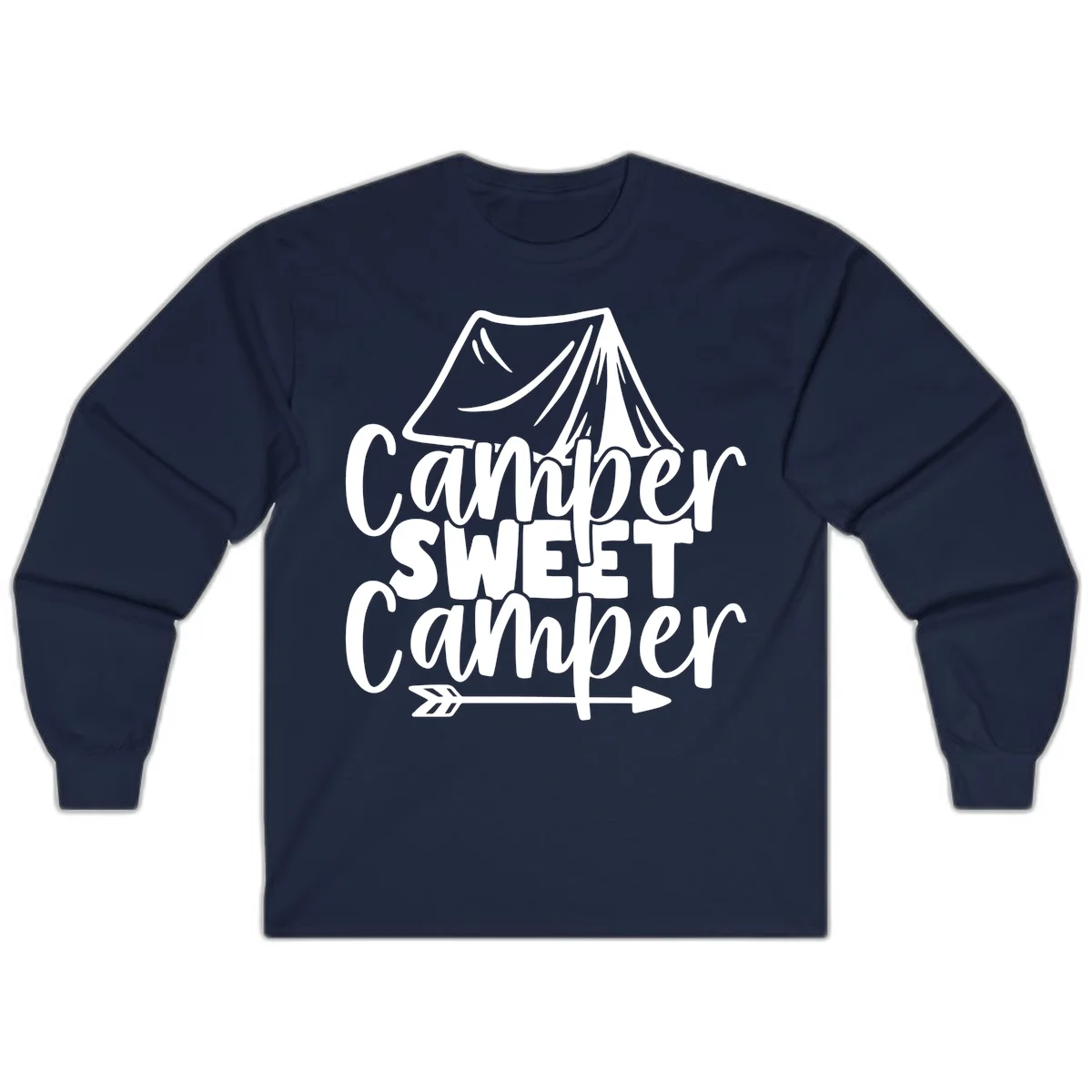 Camper Sweet Camper design with tent illustration and playful camping text in Navy