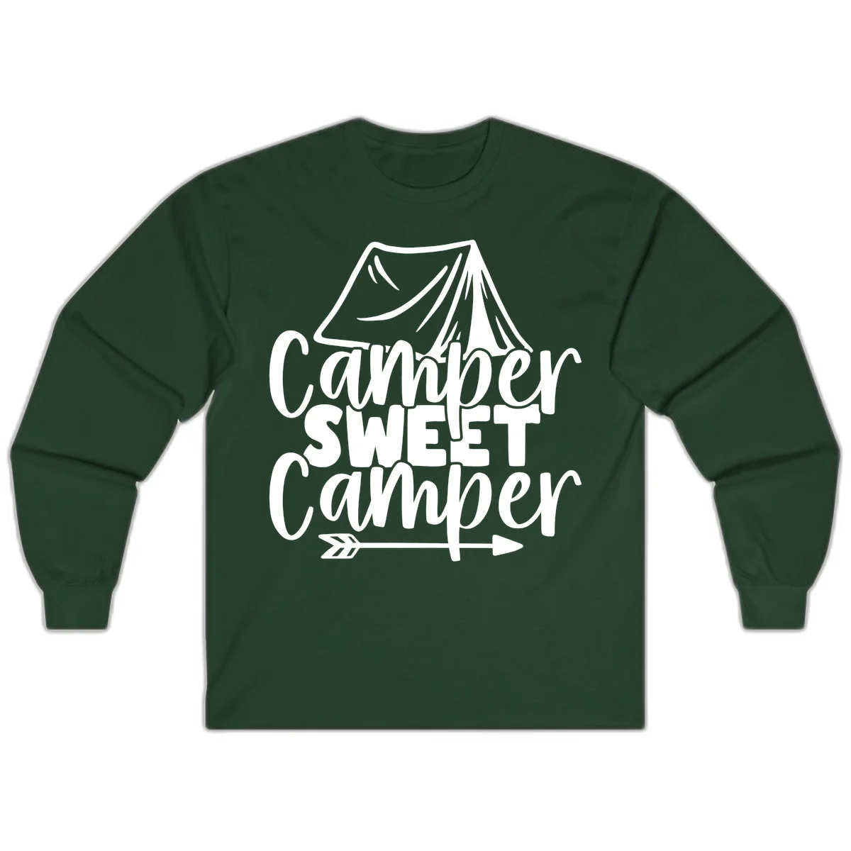 Camper Sweet Camper design with tent illustration and playful camping text in Forest Green