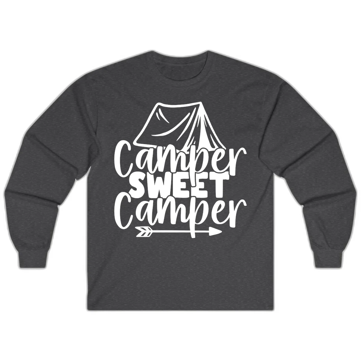 Camper Sweet Camper design with tent illustration and playful camping text in Dark Heather