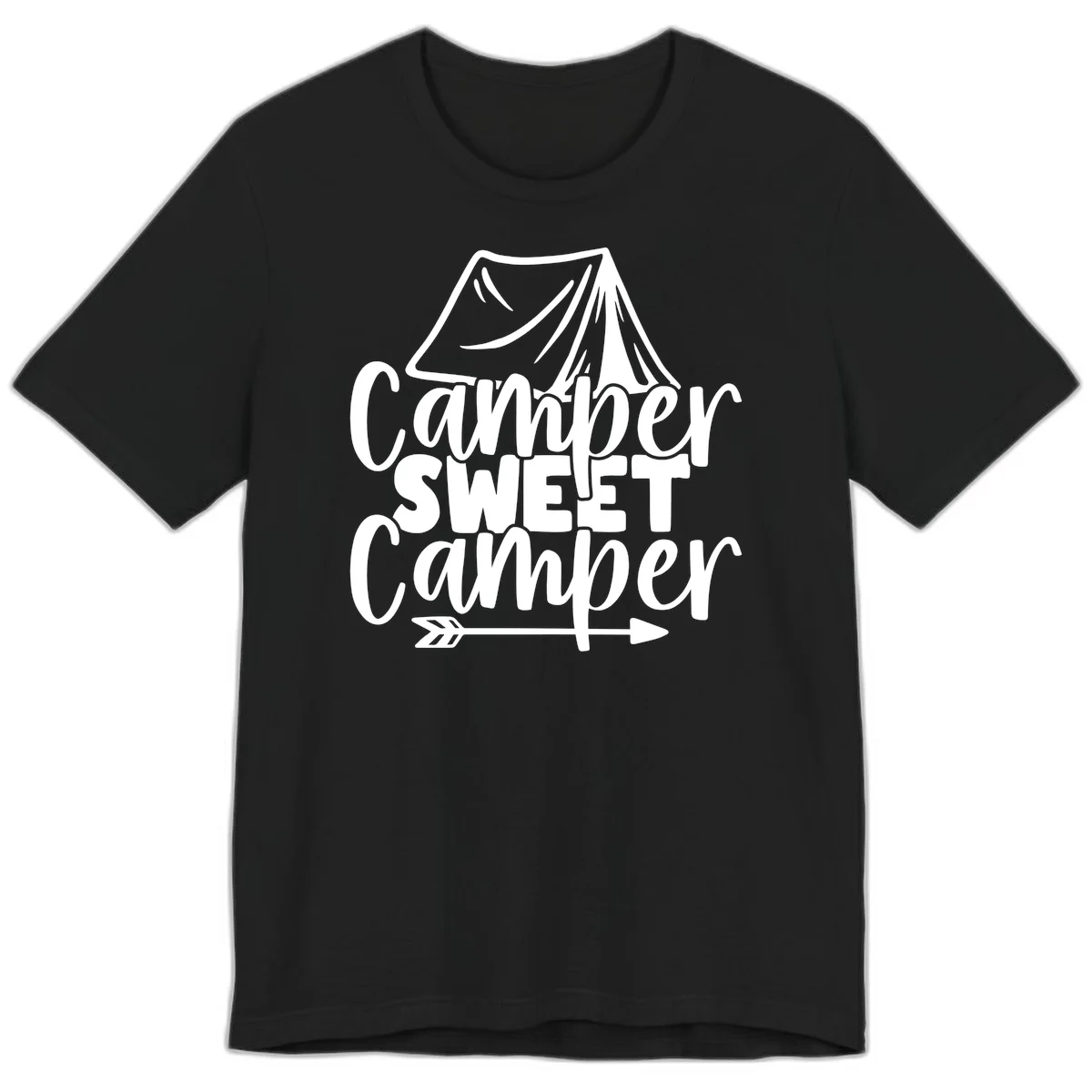 Camper Sweet Camper design with tent illustration and playful camping text in Black