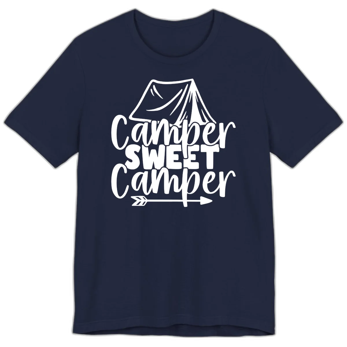 Camper Sweet Camper design with tent illustration and playful camping text in Navy