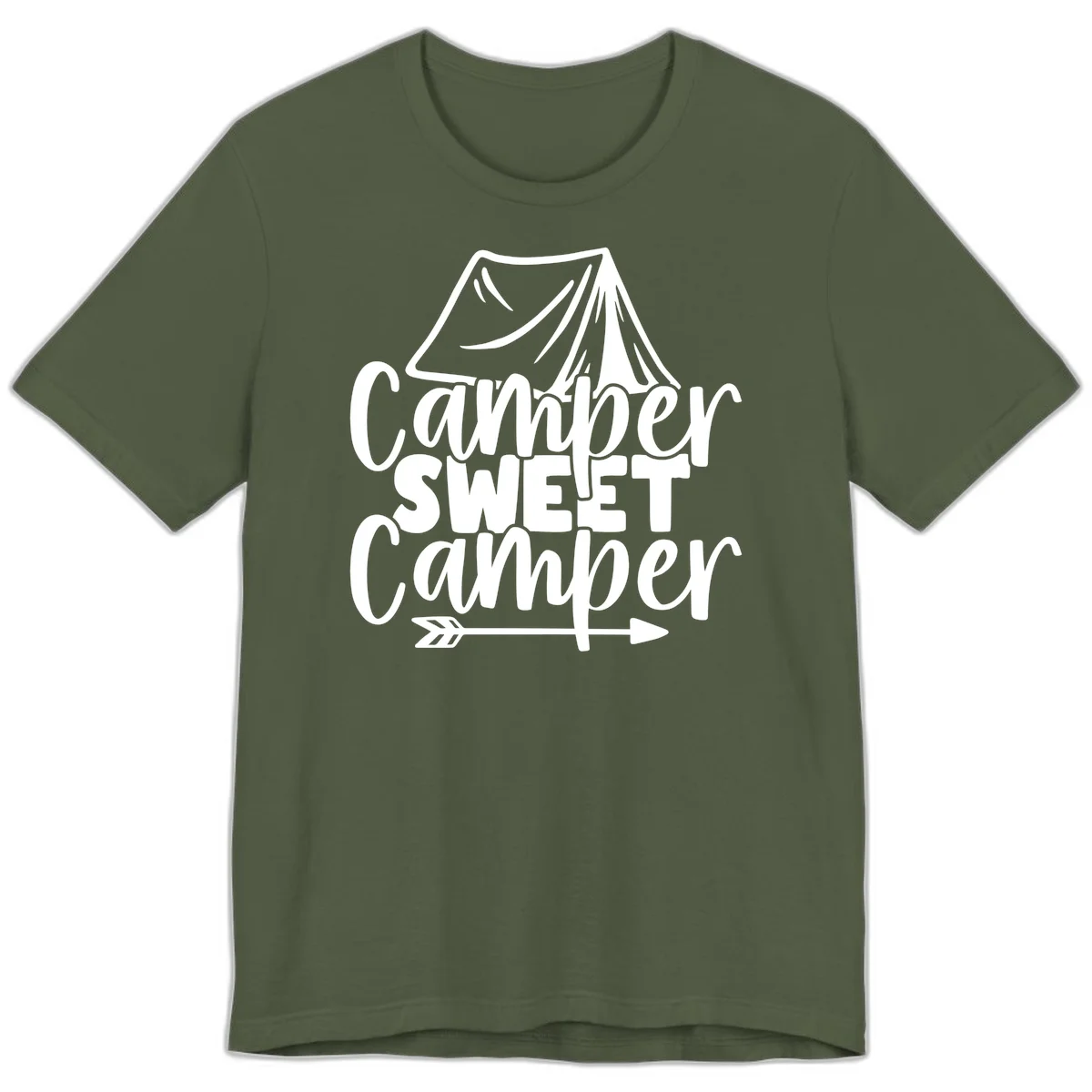 Camper Sweet Camper design with tent illustration and playful camping text in Military Green