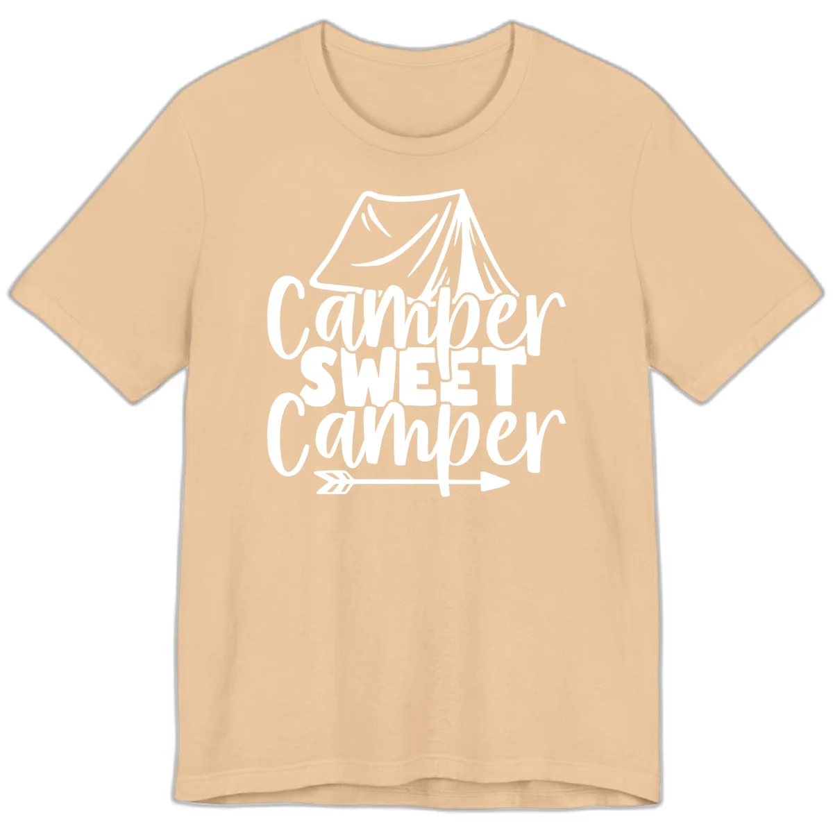 Camper Sweet Camper design with tent illustration and playful camping text in Sand Dune