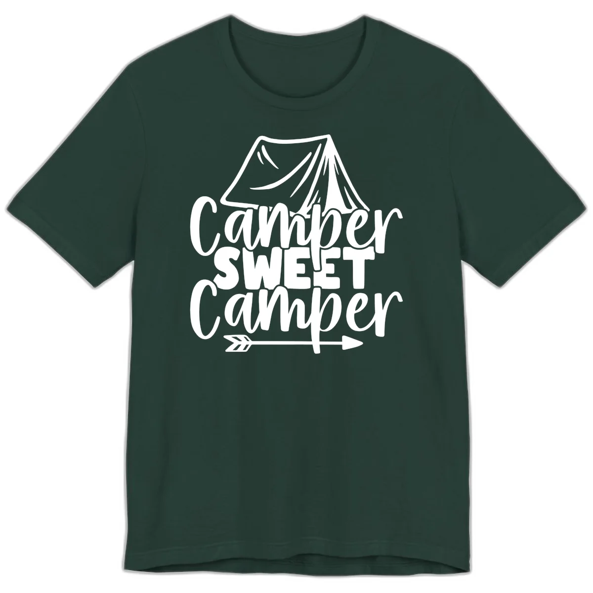 Camper Sweet Camper design with tent illustration and playful camping text in Forest