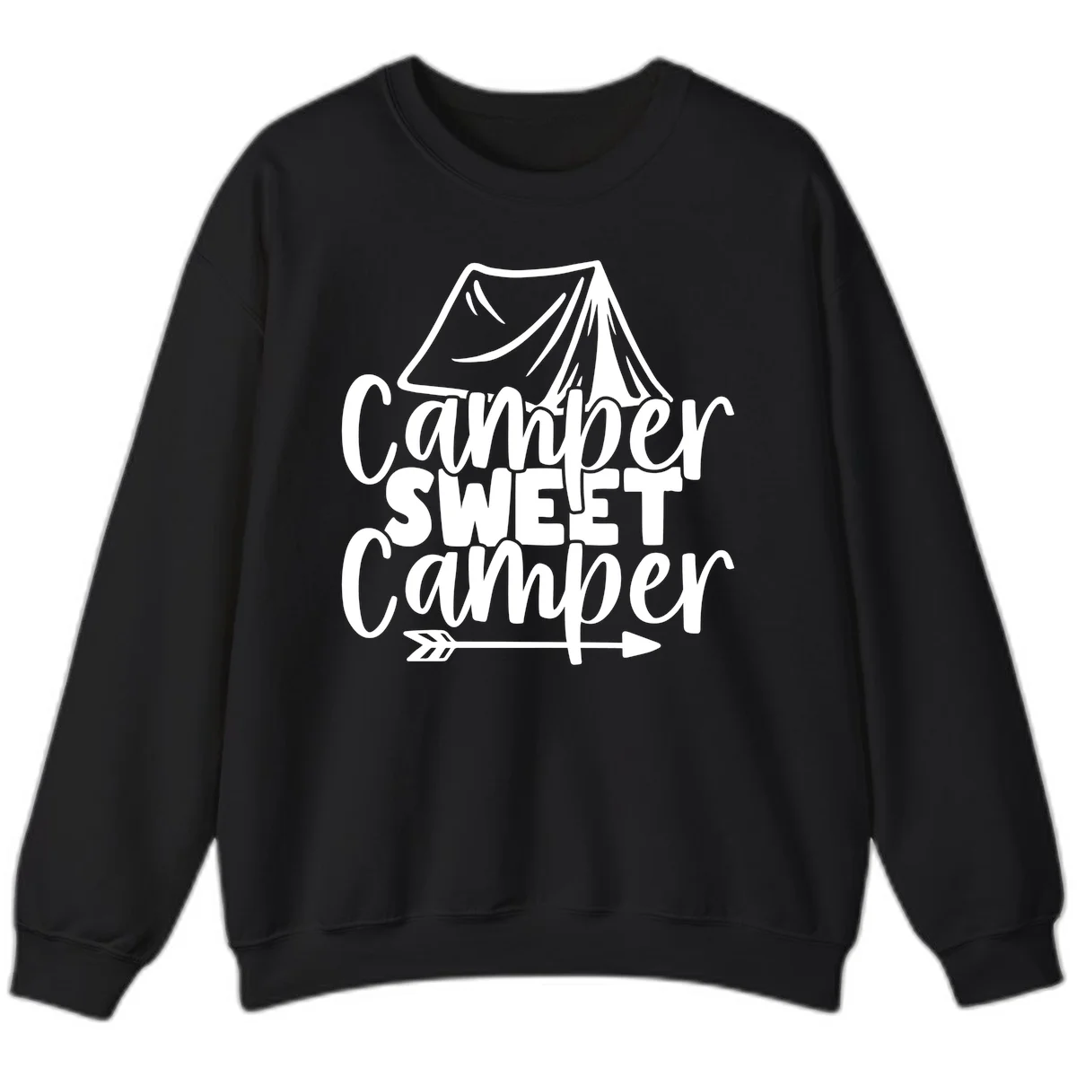 Camper Sweet Camper design with tent illustration and playful camping text in Black