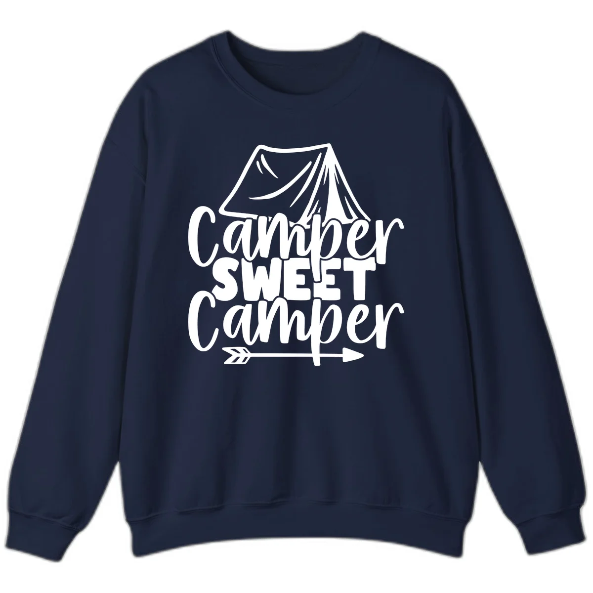 Camper Sweet Camper design with tent illustration and playful camping text in Navy