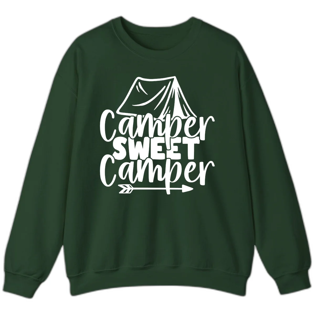 Camper Sweet Camper design with tent illustration and playful camping text in Forest Green