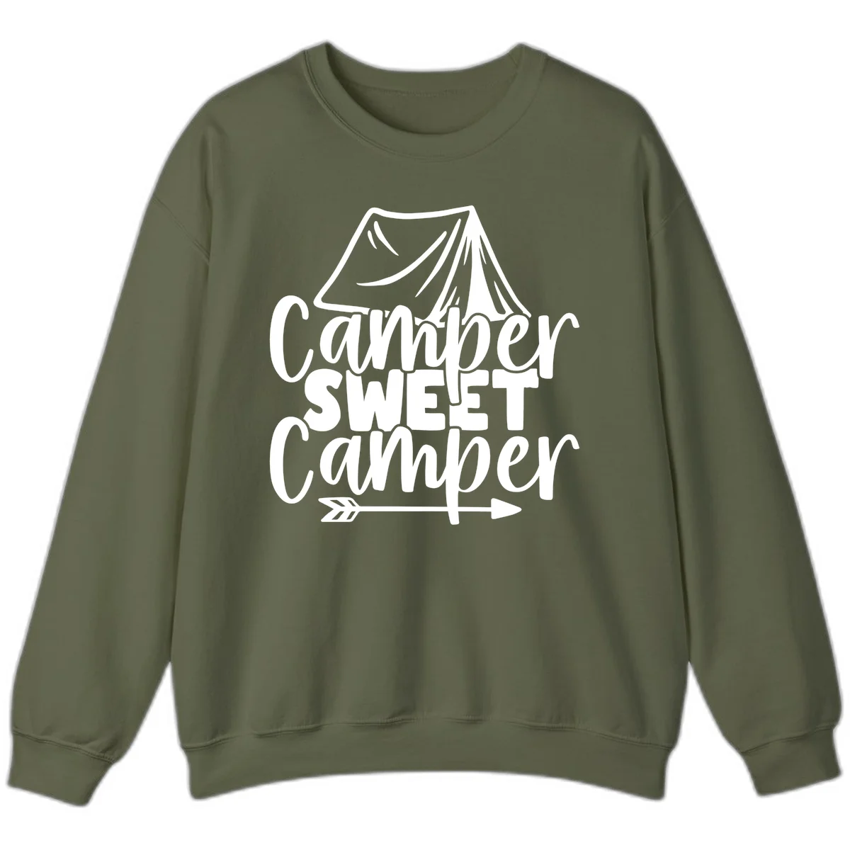 Camper Sweet Camper design with tent illustration and playful camping text in Military Green