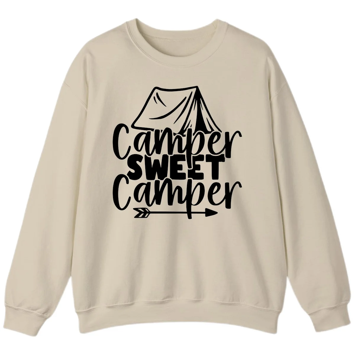Camper Sweet Camper design with tent illustration and playful camping text in Sand