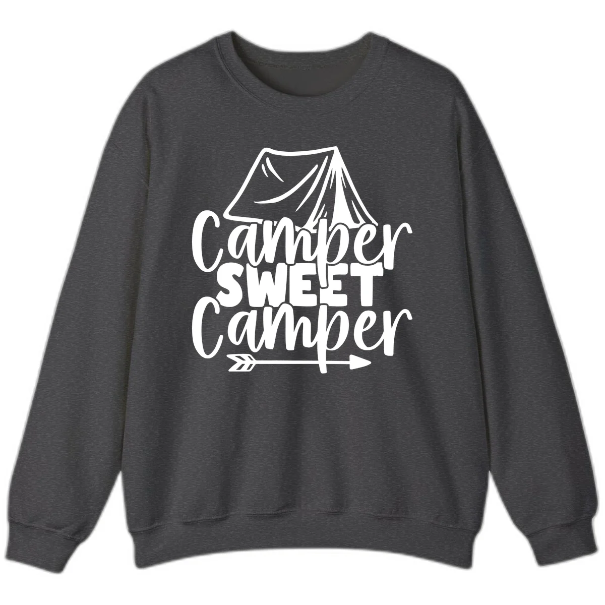 Camper Sweet Camper design with tent illustration and playful camping text in Dark Heather