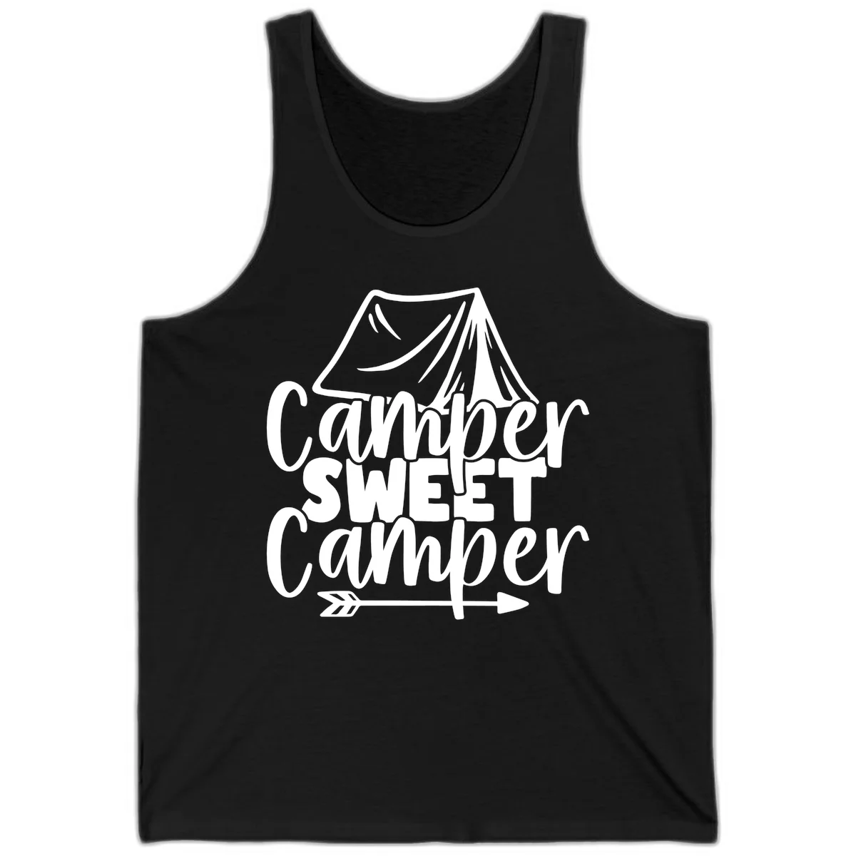 Camper Sweet Camper design with tent illustration and playful camping text in Black