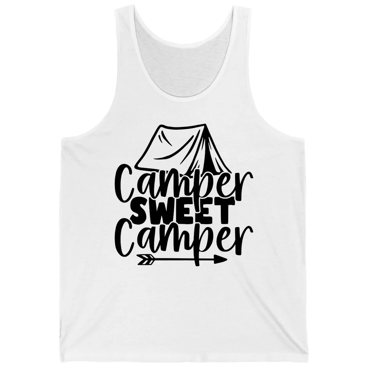 Camper Sweet Camper design with tent illustration and playful camping text in White