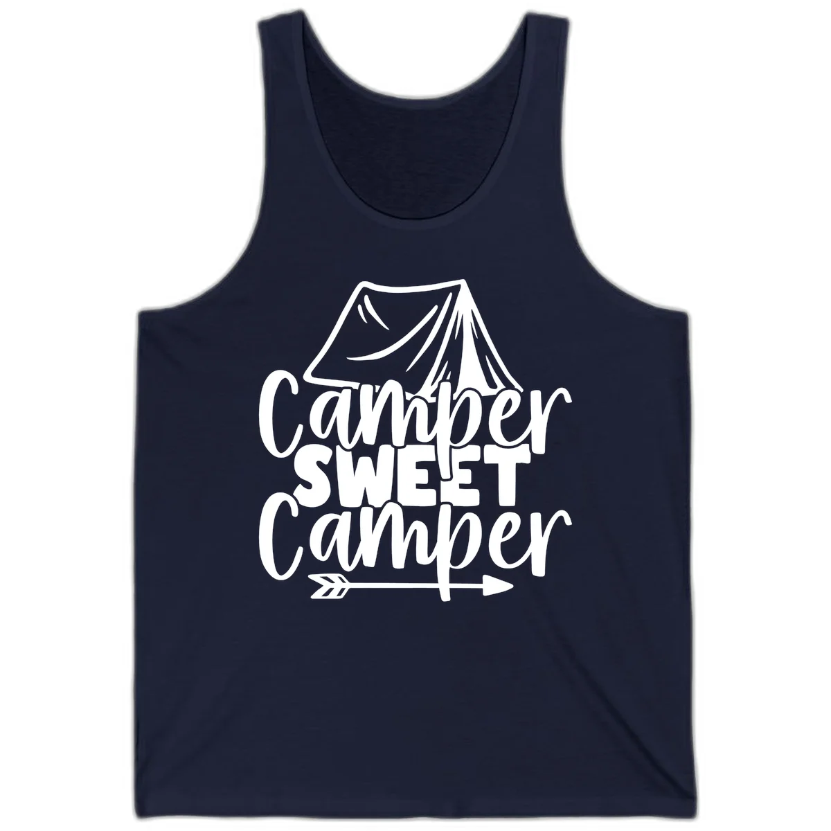Camper Sweet Camper design with tent illustration and playful camping text in Navy