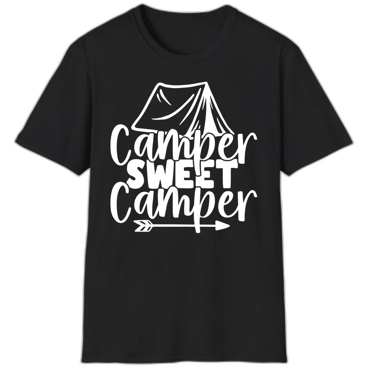 Camper Sweet Camper design with tent illustration and playful camping text in Black