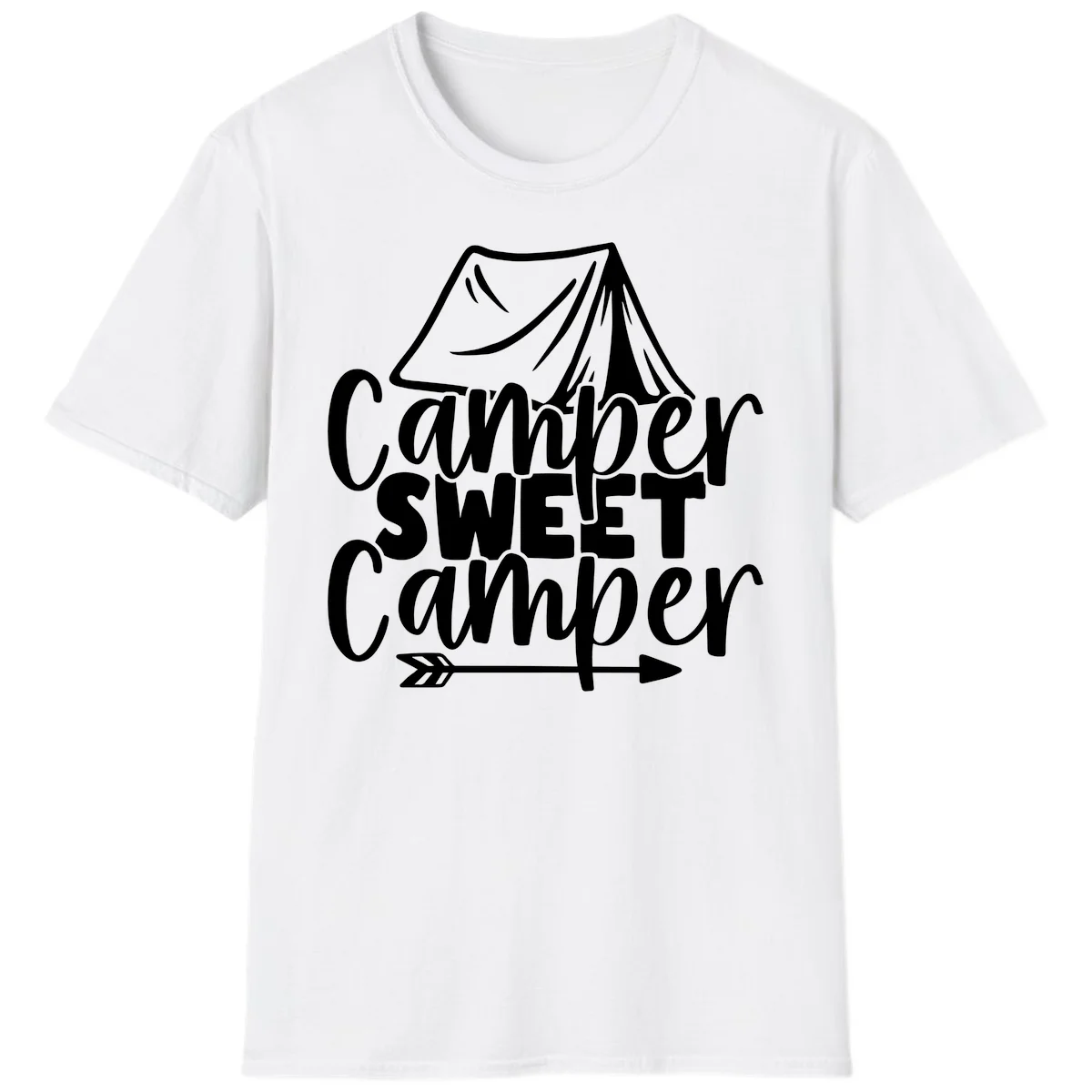 Camper Sweet Camper design with tent illustration and playful camping text in White
