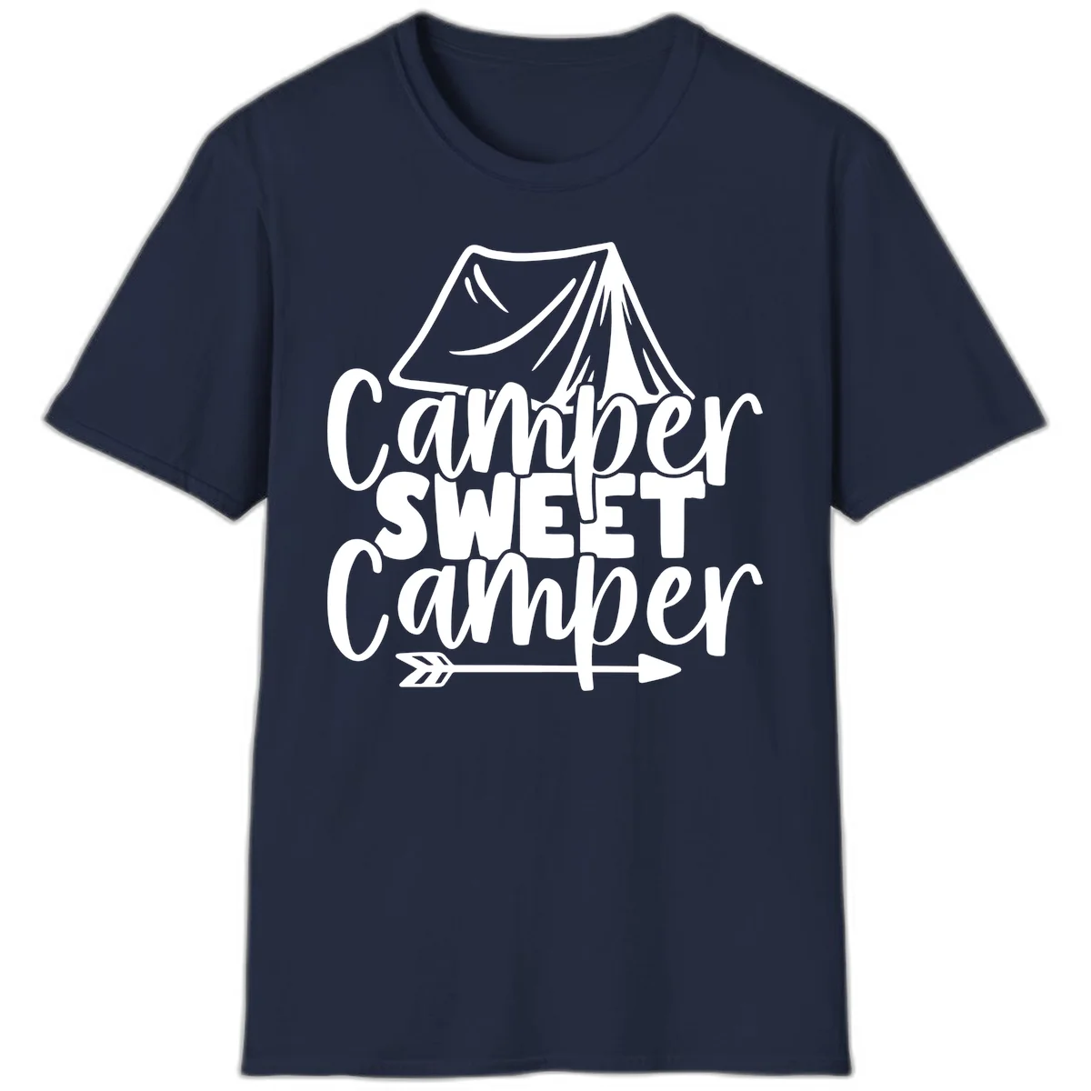 Camper Sweet Camper design with tent illustration and playful camping text in Navy