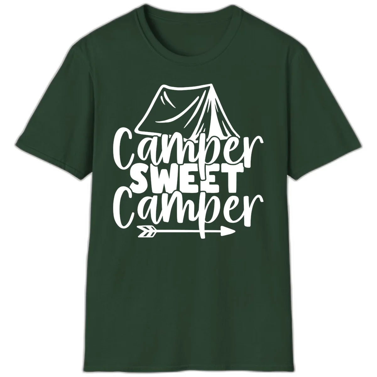 Camper Sweet Camper design with tent illustration and playful camping text in Forest Green