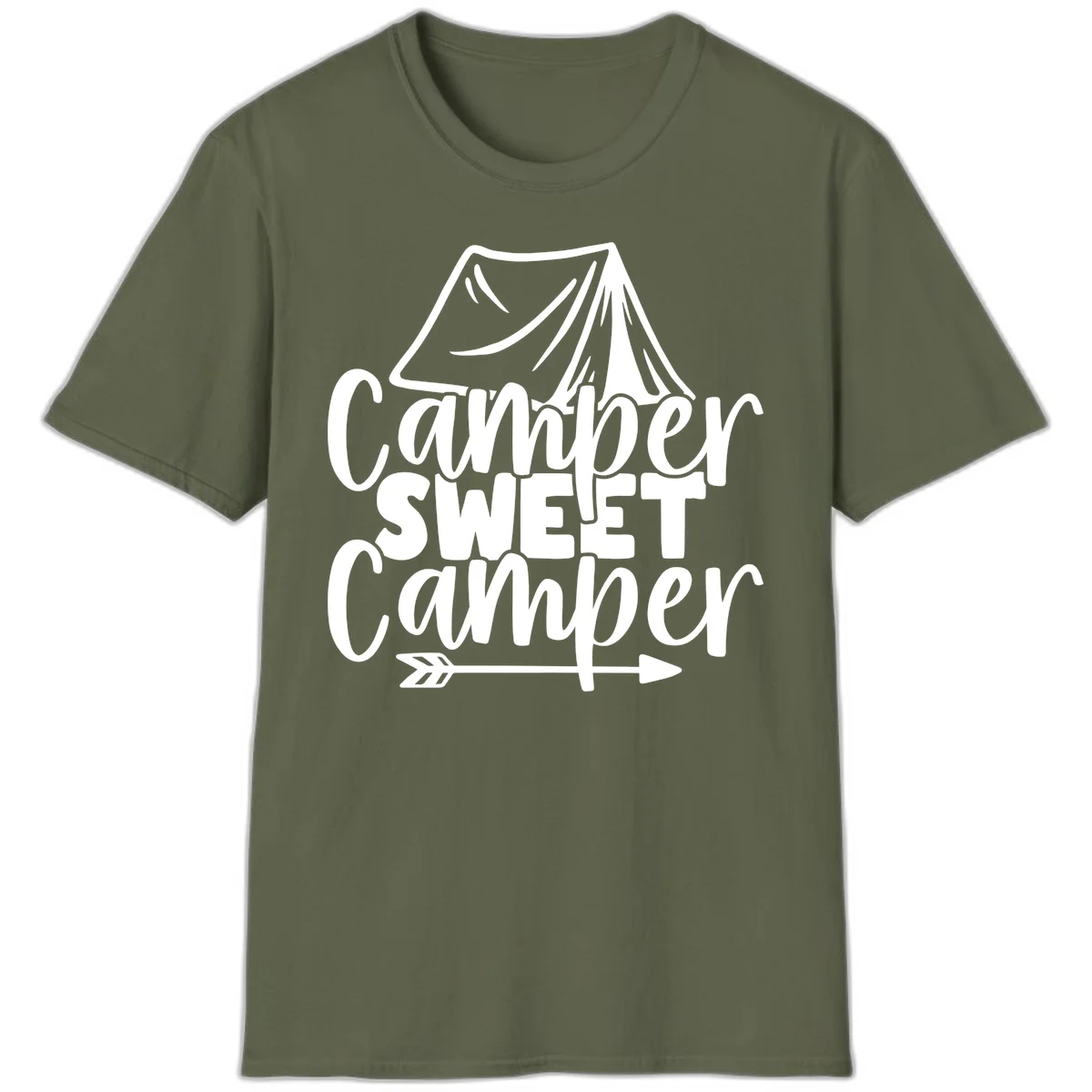 Camper Sweet Camper design with tent illustration and playful camping text in Military Green