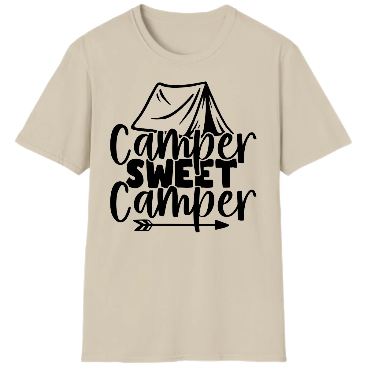 Camper Sweet Camper design with tent illustration and playful camping text in Sand