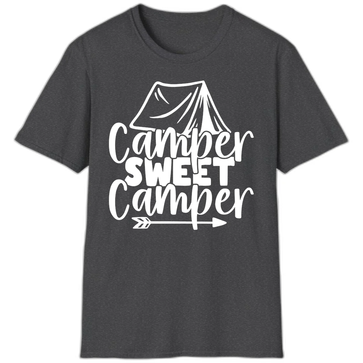 Camper Sweet Camper design with tent illustration and playful camping text in Dark Heather