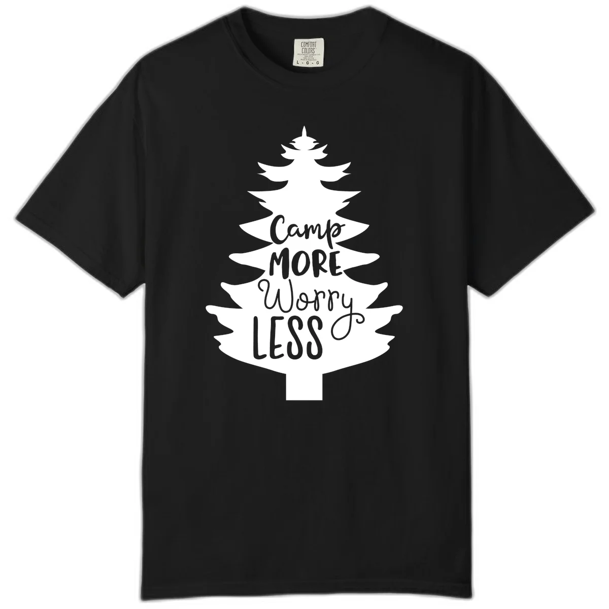 White evergreen tree silhouette with text reading 'Camp MORE Worry LESS' centered in the branches on gray background in Black