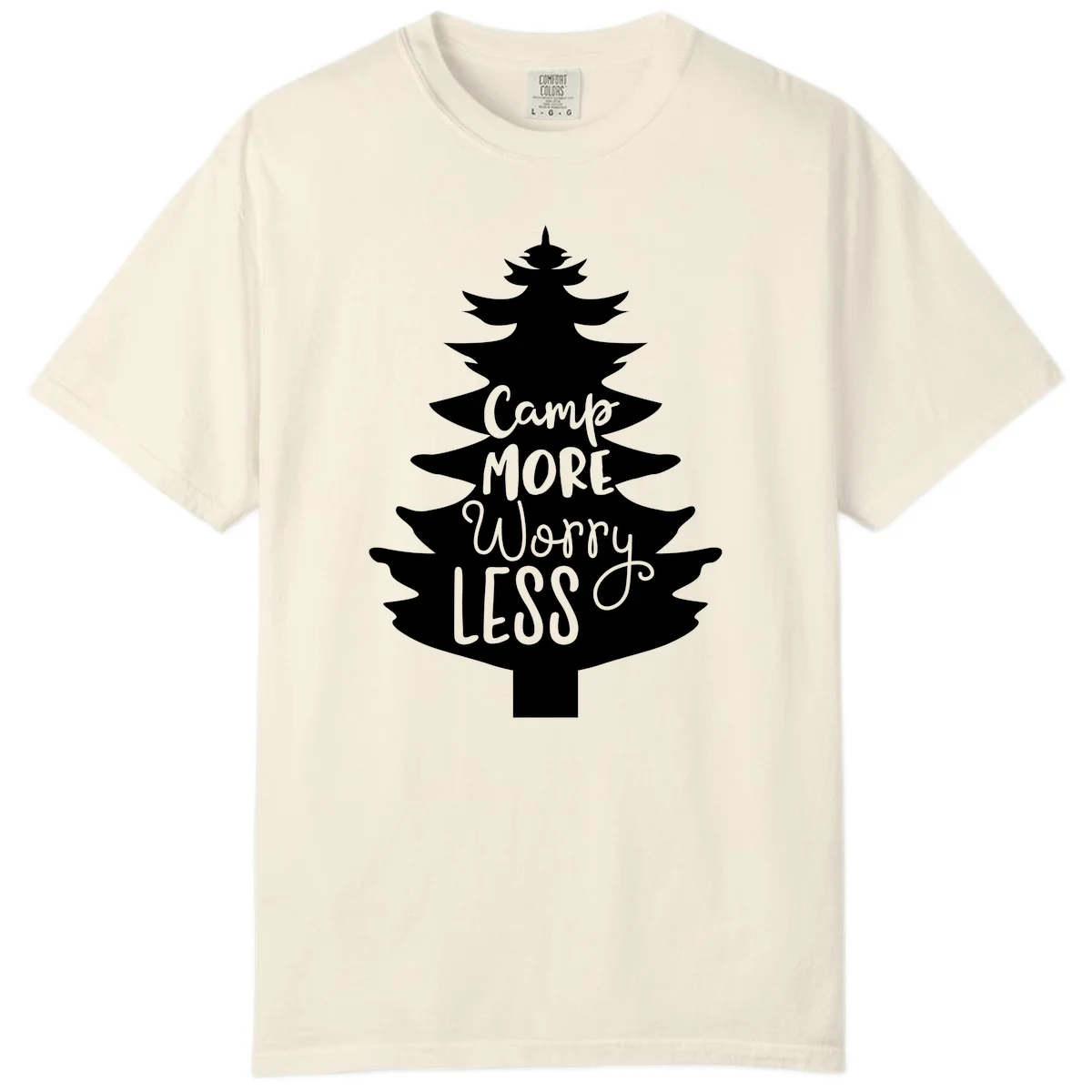 White evergreen tree silhouette with text reading 'Camp MORE Worry LESS' centered in the branches on gray background in Ivory
