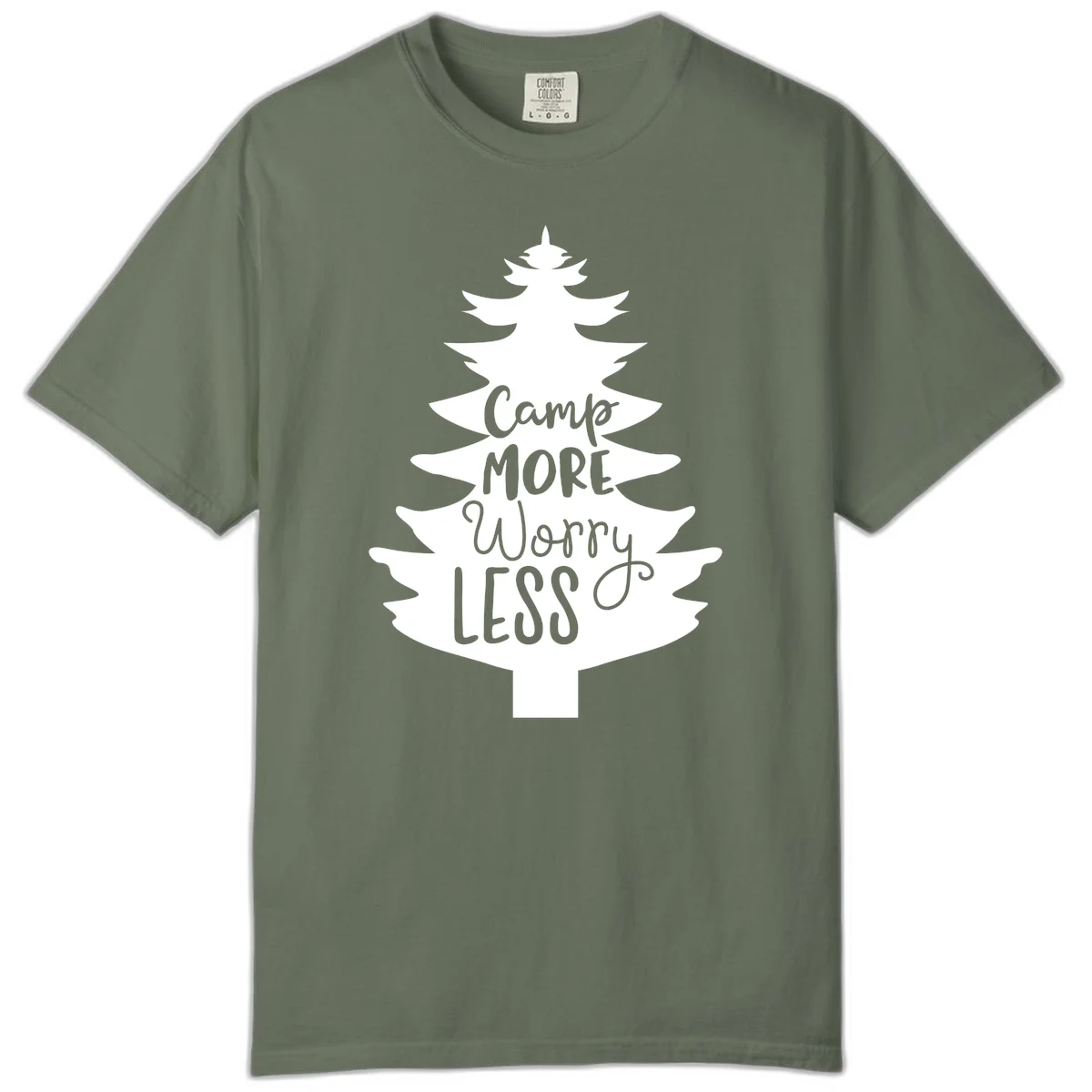 White evergreen tree silhouette with text reading 'Camp MORE Worry LESS' centered in the branches on gray background in Moss