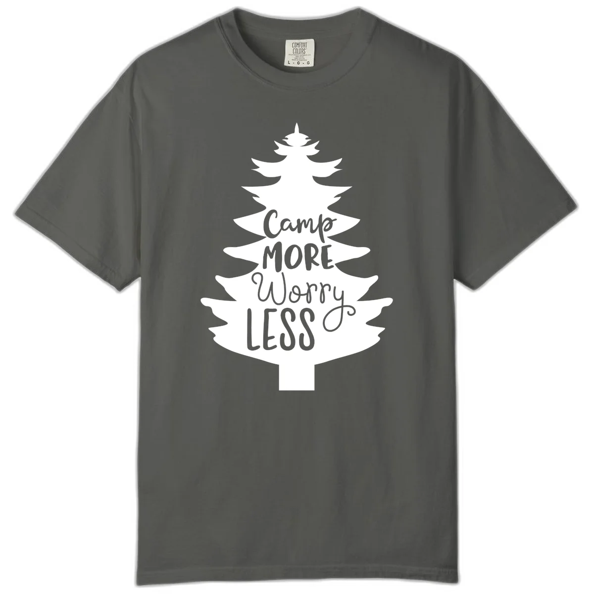 White evergreen tree silhouette with text reading 'Camp MORE Worry LESS' centered in the branches on gray background in Pepper