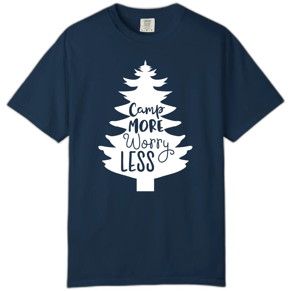 White evergreen tree silhouette with text reading 'Camp MORE Worry LESS' centered in the branches on gray background in True Navy