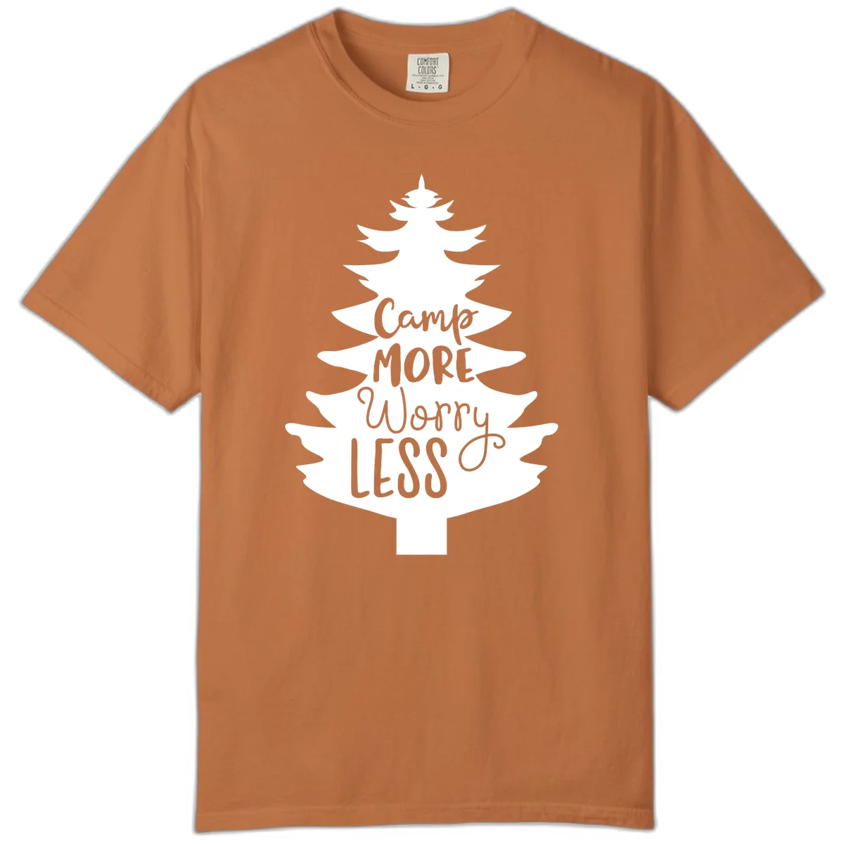 White evergreen tree silhouette with text reading 'Camp MORE Worry LESS' centered in the branches on gray background in Yam