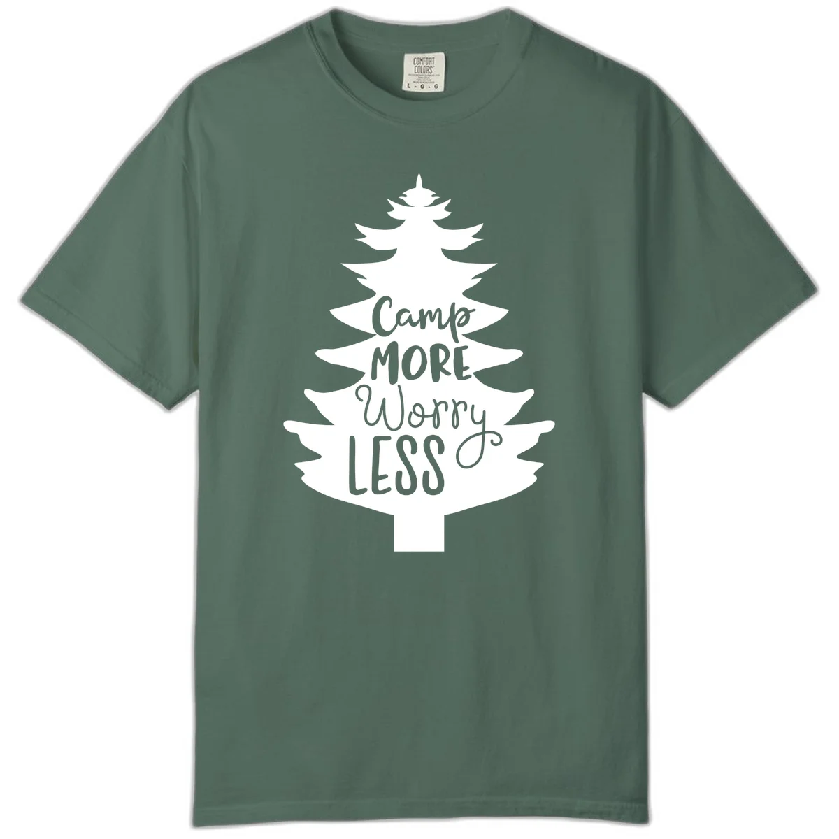 White evergreen tree silhouette with text reading 'Camp MORE Worry LESS' centered in the branches on gray background in Blue Spruce