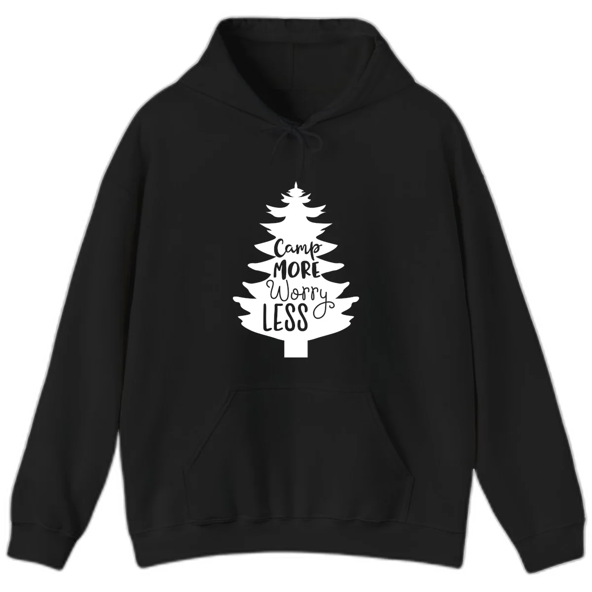 White evergreen tree silhouette with text reading 'Camp MORE Worry LESS' centered in the branches on gray background in Black