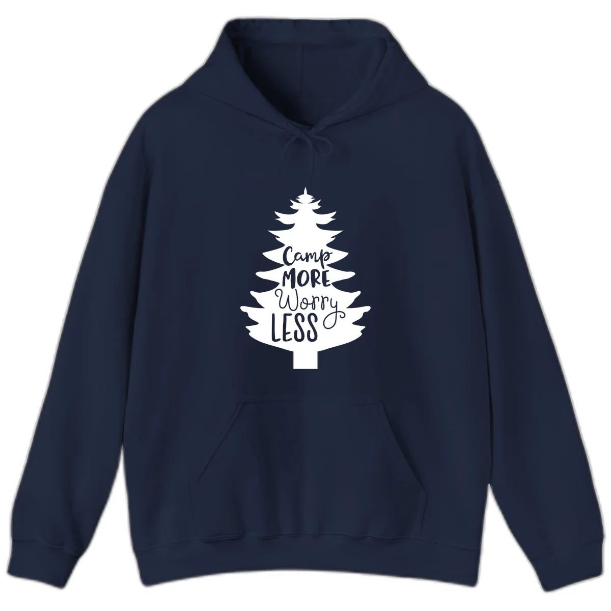 White evergreen tree silhouette with text reading 'Camp MORE Worry LESS' centered in the branches on gray background in Navy