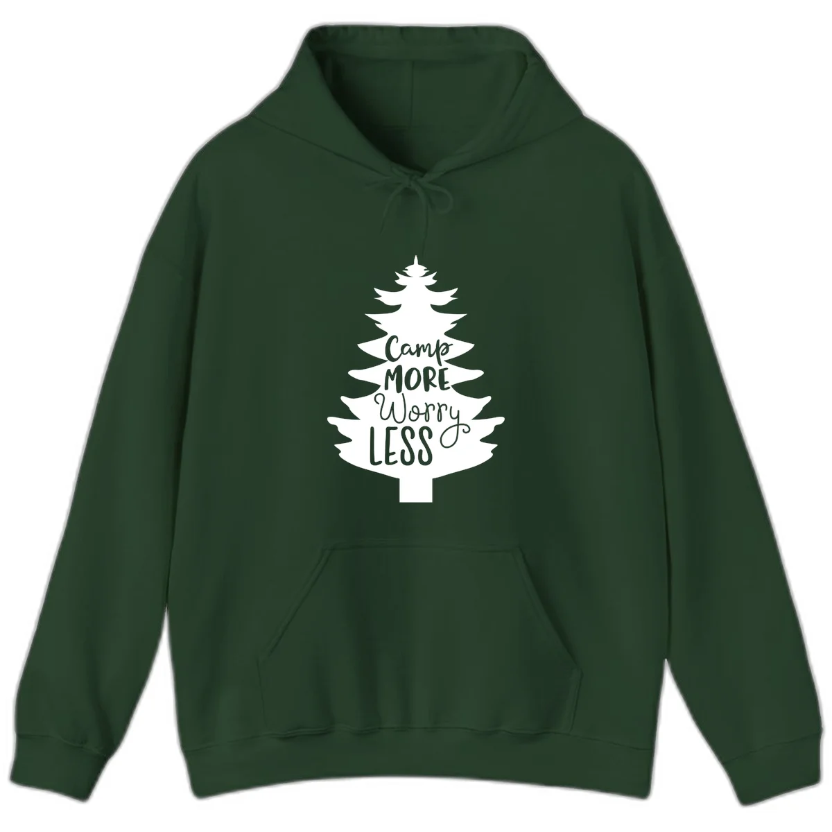 White evergreen tree silhouette with text reading 'Camp MORE Worry LESS' centered in the branches on gray background in Forest Green