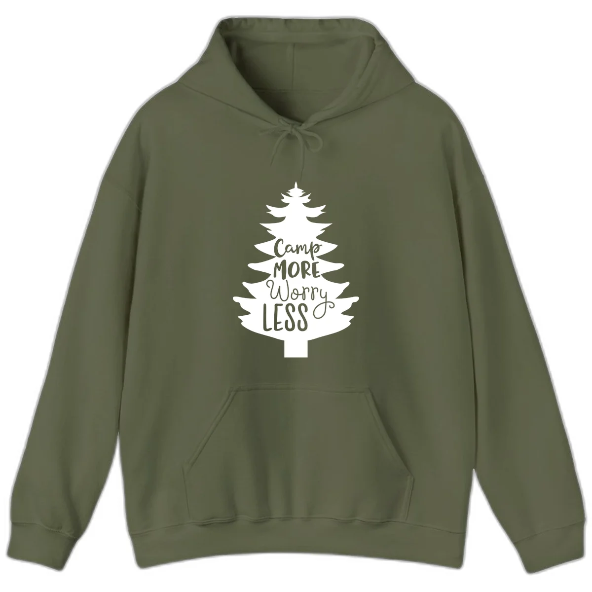 White evergreen tree silhouette with text reading 'Camp MORE Worry LESS' centered in the branches on gray background in Military Green