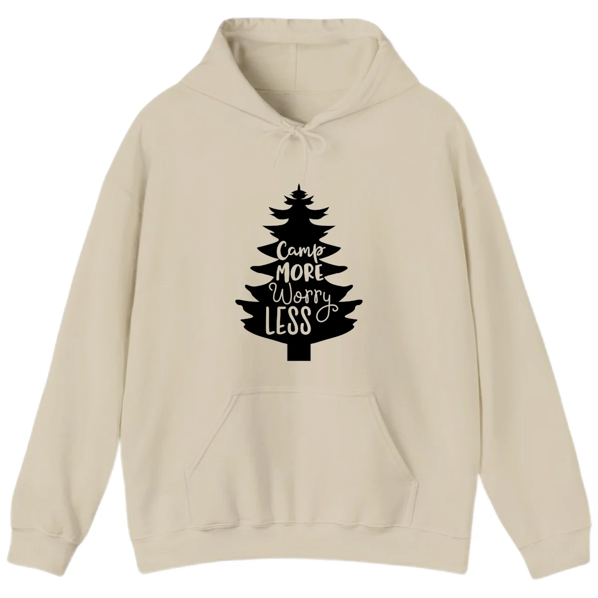 White evergreen tree silhouette with text reading 'Camp MORE Worry LESS' centered in the branches on gray background in Sand