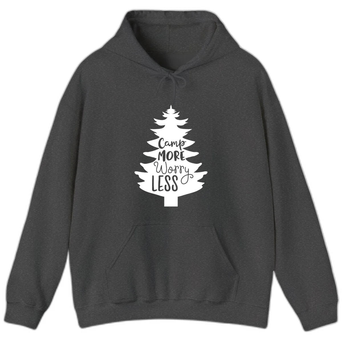 White evergreen tree silhouette with text reading 'Camp MORE Worry LESS' centered in the branches on gray background in Dark Heather
