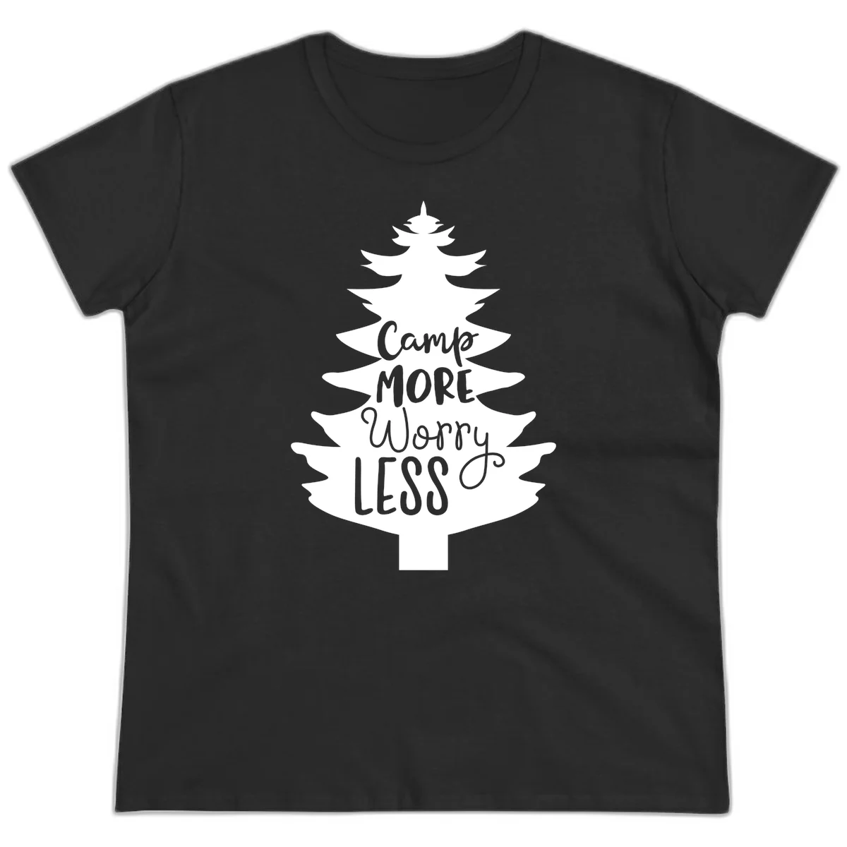 White evergreen tree silhouette with text reading 'Camp MORE Worry LESS' centered in the branches on gray background in Black
