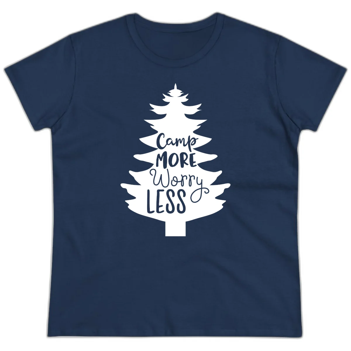 White evergreen tree silhouette with text reading 'Camp MORE Worry LESS' centered in the branches on gray background in Navy