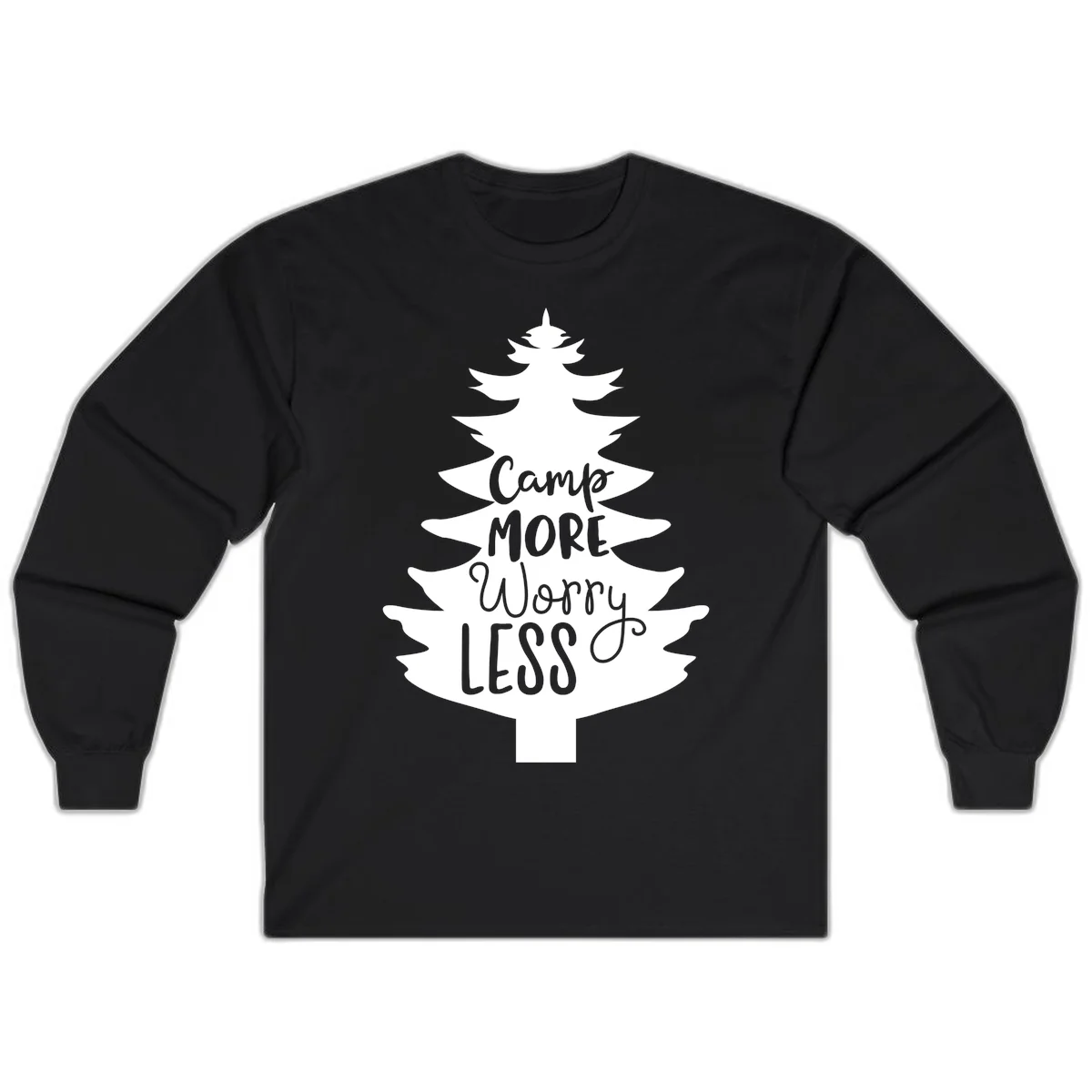 White evergreen tree silhouette with text reading 'Camp MORE Worry LESS' centered in the branches on gray background in Black